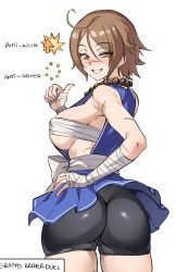  absurdres ahoge ass bandaged_arm bandages bare_shoulders bead_necklace beads black_shorts blue_shirt blush breasts brown_eyes brown_hair das_(dan_dan) fate/grand_order fate_(series) female grand_servant_(fate/grand_order) grin hair_between_eyes highres jewelry large_breasts looking_at_viewer looking_back necklace parted_bangs prayer_beads sarashi sash scar scar_on_face scar_on_nose shirt short_hair shorts sleeveless smile solo sugitani_zenjubou_(fate) sugitani_zenjubou_(first_ascension)_(fate) thighs 
