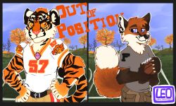  2018 american_football anactuallion anthro ball belt black_body black_border black_eyebrows black_fur black_nose blue_eyes blue_sky border canid canine chevali_firebirds clothed clothing copyright_name day detailed_background devlin_miski digital_drawing_(artwork) digital_media_(artwork) duo english_text eyebrows felid flat_colors football_field football_jersey football_uniform fox fully_clothed fur grass grey_clothing grey_shirt grey_topwear gridiron_ball half-length_portrait hands_on_own_hips holding_ball holding_object khaki_pants male mammal orange_body orange_eyes orange_fur out_of_position outside pantherine pink_nose plant portrait red_fox shirt sky snout sport striped_body striped_fur stripes tail text tiger topwear tree true_fox white_body white_fur wiley_farrel 