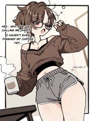  asami-chan bare_shoulders black-framed_eyewear body_freckles brown_eyes brown_hair cross cross_necklace cup dolphin_shorts english_text female freckles grey_shorts hair_ornament hairclip highres hip_focus holding holding_cup hozuki_asami_(asami-chan) indoors jewelry looking_to_the_side navel necklace one_eye_closed open_mouth original short_hair short_shorts shorts solo standing thick_thighs thigh_freckles thighs yawning 