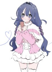  beads blue_eyes blue_hair blush capelet center_frills commentary_request cosplay dress female frills hair_beads hair_between_eyes hair_ornament heart heart_of_string highres holding holding_phone kanna_kamui kanna_kamui_(cosplay) kimi_no_koto_ga_dai_dai_dai_dai_daisuki_na_100-nin_no_kanojo kobayashi-san_chi_no_maidragon kuchiha_chiru3 long_hair looking_at_viewer low_twintails phone simple_background smile solo thighhighs twintails very_long_hair white_background white_capelet white_thighhighs yoshimoto_shizuka zettai_ryouiki 