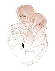  1boy arm_around_back bare_shoulders black_shirt closed_eyes closed_mouth couple ddb_000 detached_sleeves female final_fantasy final_fantasy_viii gloves hair_between_eyes happy_tears highres hug jacket long_hair long_sleeves parted_bangs parted_lips rinoa_heartilly scar scar_on_face scar_on_forehead sepia shirt short_hair smile squall_leonhart straight tears upper_body white_background 