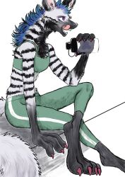  2019 anthro athletic_wear barefoot black_body black_fur blue_hair bottle bottomwear bra breasts claws clothed clothing colored_nails container feet female fur grey_body grey_fur hair hi_res hyena kyokyota licking licking_lips licking_own_lips mammal markings nails open_mouth pants paws purple_eyes quito_(kyokyota) simple_background sitting solo sports_bra sportswear striped_hyena stripes teeth toes tongue tongue_out underwear water_bottle yoga_pants 