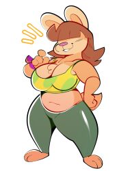  2025 4_fingers absurd_res anthro barefoot big_breasts bottomwear breasts brown_hair buckteeth clothed clothed_anthro clothed_female clothing digital_drawing_(artwork) digital_media_(artwork) durian_(waffledog) feet female female_anthro fingers fur gabbah green_bottomwear green_clothing green_pants hair hair_over_eyes hi_res lagomorph leporid mammal midriff mouth_closed navel pants pink_nose rabbit simple_background smile solo tail tan_body tan_fur tan_tail teeth topwear white_background 