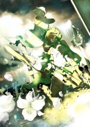  1boy absurdres alt_text bell_cranel blonde_hair blue_eyes boots breasts brown_boots brown_gloves cape closed_mouth commentary_request cover_image cross dungeon_ni_deai_wo_motomeru_no_wa_machigatteiru_darou_ka elf female flower gloves green_cape green_shorts hair_between_eyes highres holding holding_stick holding_sword holding_weapon hood hood_up hooded_cape kneeling medium_breasts novel_illustration official_art pointy_ears ryu_lion second-party_source short_hair short_shorts shorts single_bare_shoulder stick sword tank_top thigh_boots torn_cape torn_clothes torn_shorts torn_tank_top weapon white_flower white_hair white_petals white_tank_top yasuda_suzuhito 