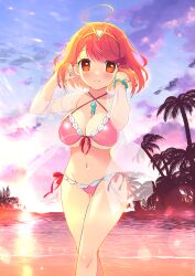  alternate_costume beach bead_bracelet beads bikini blush bob_cut bracelet breasts chest_jewel closed_mouth commentary_request core_crystal_(xenoblade) feet_out_of_frame female front-tie_bikini_top front-tie_top gem green_gemstone hands_in_own_hair highres jewelry large_breasts looking_at_viewer navel pink_bikini purple_skirt pyra_(xenoblade) red_eyes red_hair short_hair side-tie_bikini_bottom skirt smile solo standing swimsuit tiara watsuki_ayamo xenoblade_chronicles_(series) xenoblade_chronicles_2 