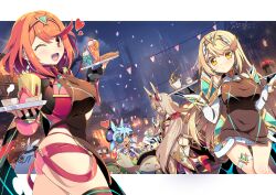  6+girls ;d apron black_gloves blonde_hair border boreas_(xenoblade) breasts brown_apron bunting chest_jewel commentary_request core_crystal_(xenoblade) cup dress earrings elbow_gloves eyepatch falling_petals fingerless_gloves gem gloves green_gemstone heart highres holding holding_plate jewelry kasandra_(xenoblade) large_breasts letterboxed long_hair looking_at_viewer multiple_girls mythra_(xenoblade) nia_(blade)_(xenoblade) nia_(xenoblade) nopon one_eye_closed open_mouth outside_border petals pink_petals plate praxis_(xenoblade) pyra_(xenoblade) red_eyes red_hair red_shorts short_dress short_hair short_shorts shorts smile teacup theory_(xenoblade) tiara watsuki_ayamo white_border white_dress white_gloves xenoblade_chronicles_(series) xenoblade_chronicles_2 yellow_eyes 