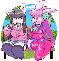  accessory anthro armwear asian_clothing bench black_hair blue_bottomwear blue_clothing blue_skirt bottomwear bow_ribbon breasts buckteeth cardigan chao_pyon_pyon clothing collar collared_shirt domestic_cat duo east_asian_clothing elbow_gloves eyelashes felid feline felis female flower flower_in_hair fur garter_straps gloves hair hair_accessory handwear jyuri_(ziroro326) kaeritai07 lagomorph legwear leporid mammal navel_outline on_bench open_mouth park_bench pink_armwear pink_body pink_clothing pink_elbow_gloves pink_eyes pink_fur pink_gloves pink_hair pink_handwear pink_legwear pink_thigh_highs pink_topwear plant ponytail rabbit rosy_cheeks shirt sitting sitting_on_bench skirt stockings teeth thigh_highs topwear touching_hair twirling_hair whiskers white_body white_fur 