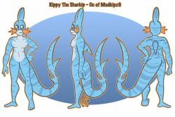  2015 5_fingers 5_toes anthro biped blue_body blue_skin character_name compression_artifacts digital_drawing_(artwork) digital_media_(artwork) dorsal_fin english_description english_text featureless_chest featureless_crotch feet fin fingers fish flat_colors front_view generation_3_pokemon grey_eyes hand_on_hip humanoid_feet humanoid_hands hybrid kippy_the_sharkip long_tail male marine model_sheet mudkip nintendo no_sclera nuttsworth orange_outline outline plantigrade pokemon pokemon_(species) pokemorph rear_view requiem_shark shark side_view simple_background smile solo stripes tail tail_fin text tiger_shark toes 