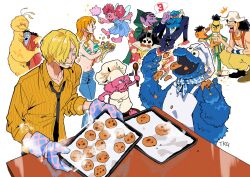  2girls 6+boys abby_cadabby absurdres afro areola_slip bert_(sesame_street) big_bird_(sesame_street) bikini bikini_top_only black_hair blonde_hair blue_skin brook_(one_piece) character_request chef chef_hat colored_skin cookie cookie_monster count_von_count crossover curly_eyebrows ernie facial_hair food goatee hair_over_one_eye hat highres hug jewelry jinbe_(one_piece) long_hair long_nose multiple_boys multiple_girls nami_(one_piece) one_piece orange_hair oven_mitts sanji_(one_piece) sesame_street skeleton swimsuit tusks undead usopp wciarigatou 