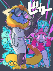  anthro barefoot black_clothing black_gloves black_handwear black_legwear blonde_hair blue_body blue_skin chao_pyon_pyon clothing coat devil_horns_(gesture) duo eyewear feet female fur gesture glove_snap gloves glowing glowing_eyes goggles golden_snub-nosed_monkey hair hand_gesture handwear haplorhine japanese_text kaeritai07 lab_coat lagomorph legwear leporid machine male mammal medical_instrument monkey old_world_monkey pink_hair primate rabbit robot robot_anthro rosy_cheeks scientific_instrument snub-nosed_monkey stethoscope tail text topwear translation_request yellow_body yellow_fur 