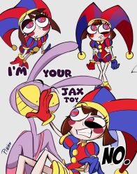  2025 4_fingers absurd_res anthro black_eyes blue_clothing blue_eyes blue_gloves blue_handwear brown_hair clothing dialogue duo english_text eyelashes female fingers fool&#039;s_hat fur glitch_productions gloves hair handwear hat headgear headwear hi_res human jax_(tadc) jester lagomorph leotard leporid long_ears male mammal multicolored_eyes overalls pinksartdump pomni_(tadc) puffy_sleeves purple_body purple_fur rabbit red_clothing red_eyes red_gloves red_handwear rosy_cheeks short_hair short_sleeves smile text the_amazing_digital_circus two_tone_eyes white_body white_skin yellow_sclera 