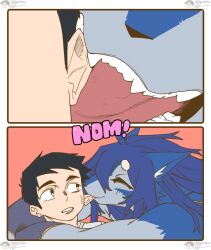  anthro blue_body blue_fur blue_hair canid canine canis cuddling ear_nibble female female_on_human fur hair hi_res hug human human_on_anthro interspecies larger_anthro larger_female licking male male_on_anthro mammal mythological_canine mythological_creature mythology rekidesu ren_(rekidesu) romantic romantic_couple side_view size_difference smile tongue tsukiko_(rekidesu) werecanid werecanine werecreature werewolf wolf 