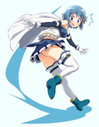  ^^^ ankle_boots aqua_background ass bare_shoulders belt blue_eyes blue_footwear blue_hair blue_skirt blush boots breasts cape commentary_request d: detached_sleeves dot_nose embarrassed female floating_hair fortissimo frills full_body gloves hair_between_eyes hair_ornament hairclip highres inoue_kouji leg_up looking_back looking_down magical_girl mahou_shoujo_madoka_magica mahou_shoujo_madoka_magica_(anime) medium_breasts miki_sayaka miki_sayaka_(magical_girl) musical_note musical_note_hair_ornament open_mouth outstretched_arms pleated_skirt shaded_face shoe_soles short_hair simple_background skirt solo standing standing_on_one_leg strapless surprised thighhighs thighs white_cape white_gloves white_thighhighs wide-eyed zettai_ryouiki 