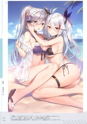  2girls :q absurdres ahoge artist_name ass azur_lane bare_shoulders barefoot beach bikini black_bikini black_choker black_hair black_ribbon blue_sky blush breast_press breasts brown_eyes butterfly_hair_ornament choker cleavage cloud cloudy_sky collarbone day dunkerque_(azur_lane) dunkerque_(summer_sucre)_(azur_lane) feet flag_print flip-flops flower foot_out_of_frame front-tie_top full_body german_flag_bikini gradient_hair grey_hair hair_between_eyes hair_ornament hair_ribbon hairband highres jacket legs long_hair looking_at_viewer medium_breasts multicolored_hair multiple_girls navel ocean off_shoulder official_alternate_costume open_mouth outdoors page_number palm_tree ponytail prinz_eugen_(azur_lane) prinz_eugen_(unfading_smile)_(azur_lane) purple_bikini red_eyes red_hair ribbon sandals scan see-through shiny_skin shore side-tie_bikini_bottom sideboob sidelocks sitting sky smile stomach streaked_hair swimsuit thigh_strap thighs tied_hair toenails toes tongue tongue_out tree two_side_up underboob very_long_hair water white_hair yuuki_hagure 