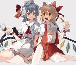  2girls adapted_costume alcohol ascot bat_wings belt blonde_hair bow breasts closed_mouth collared_dress collared_shirt crystal cup dress drinking_glass fang_out fangs feet_out_of_frame flandre_scarlet glass grey_background grey_hair hair_between_eyes hand_up hat hat_bow higa_(gominami) highres holding holding_cup jewelry kneehighs looking_at_viewer medium_breasts miniskirt mob_cap multicolored_wings multiple_girls oerba_yun_fang one_side_up open_clothes open_mouth open_vest pleated_skirt pointy_ears red_ascot red_belt red_bow red_eyes red_ribbon red_skirt red_vest red_wine remilia_scarlet ribbon shirt short_hair shoulder-to-shoulder siblings simple_background sisters sitting skirt smile socks teeth thighhighs tongue touhou vest white_dress white_headwear white_legwear white_shirt white_thighhighs wine wine_glass wings wrist_cuffs yellow_ascot 