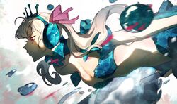  armor bikini_armor black_clover blue_choker breasts caosishao choker cleavage female grey_hair hair_ribbon holding holding_polearm holding_weapon lance mermaid monster_girl monsterification noelle_silva polearm purple_ribbon ribbon solo tiara water water_drop weapon 