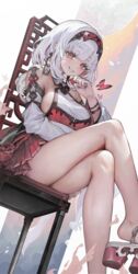  blush breasts bug butterfly chair clenched_teeth commentary crossed_legs detached_sleeves female foot_out_of_frame hairband highres japanese_clothes large_breasts legs looking_at_viewer on_chair original red_eyes red_hairband short_hair sitting smile solo symbol-only_commentary teeth voruvoru white_hair white_sleeves 