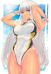  blue_eyes bracelet breasts commentary_request dark-skinned_female dark_skin female jewelry long_hair looking_at_viewer mole mole_under_mouth one-piece_swimsuit original panzer_(p.z) solo swimsuit tan tanlines wet white_hair 