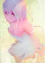  arms_behind_back breasts cleavage closed_mouth colorful dress female green_background green_eyes hair_between_eyes long_hair looking_at_viewer medium_breasts multicolored_hair off_shoulder original simple_background solo sundress tomamatto 