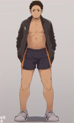  1boy 8_(yamalu) abs bara bare_pectorals black_hair black_jacket black_shorts closed_mouth full_body grey_background haikyuu!! hands_in_pockets jacket karasuno_volleyball_uniform large_pectorals looking_at_viewer male_focus muscular muscular_male navel open_clothes open_jacket pectorals sawamura_daichi shoes short_hair shorts sideburns smile sneakers solo sportswear standing volleyball_uniform 