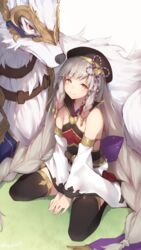  beret between_legs black_headwear blunt_bangs braid breasts detached_sleeves erune female granblue_fantasy grass hakutaku_(granblue_fantasy) hand_between_legs hat heterochromia highres long_hair looking_at_viewer nanahara_fuyuki pholia quad_braids short_eyebrows sitting small_breasts smile thighhighs twitter_username v_arms very_long_hair wariza wide_sleeves 