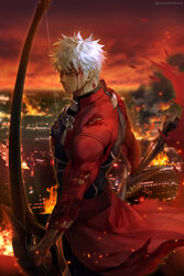  1boy archer_(fate) artist_name bleeding blood blood_from_mouth blood_on_face bow_(weapon) burning burning_building city clothing_request damaged dark-skinned_male dark_skin fate/stay_night fate_(series) fire from_side half-closed_eyes highres holding holding_bow_(weapon) holding_sword holding_weapon hrunting_(fate) injury jacket kim_yura_(goddess_mechanic) long_sleeves male_focus muscular muscular_male pectorals red_jacket red_sky serious short_hair sky smoke solo sparks sword torn_clothes weapon white_hair 