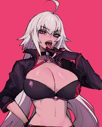  ahoge bikini black_bikini black_gloves black_jacket breasts commentary ennuigrl fate/grand_order fate_(series) female gloves grey_hair highres jacket jeanne_d&#039;arc_alter_(fate) jeanne_d&#039;arc_alter_(swimsuit_berserker)_(fate) large_breasts long_hair o-ring o-ring_bikini swimsuit tied_hair tongue tongue_out v 