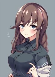  black_sailor_collar black_shirt blue_eyes blush breasts brown_hair buttons closed_mouth collarbone female flying_sweatdrops grey_background highres jewelry kantai_collection large_breasts long_hair noshiro_(kancolle) noshiro_kai_ni_(kancolle) revision ring sailor_collar shirt simple_background solo soramuko upper_body wedding_ring 