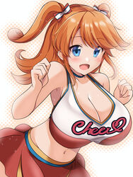  blue_eyes breasts cleavage commentary_request female girlfriend_(kari) hair_ribbon highres kurokaze_no_sora large_breasts medium_hair miniskirt navel open_mouth orange_hair ribbon sagara_emi short_twintails skirt solo twintails 