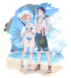  1boy :d abs alternate_costume alternate_hairstyle annette_fantine_dominic baseball_bat beach bikini blue_bikini blue_hair blush breasts day feh_(fire_emblem_heroes) felix_hugo_fraldarius female fire_emblem fire_emblem:_three_houses food fruit halterneck highres innertube looking_at_viewer male_swimwear moja_(rainpoow) navel ocean orange_hair outdoors ponytail sandals small_breasts smile string_bikini suikawari swim_ring swim_trunks swimsuit watermelon 