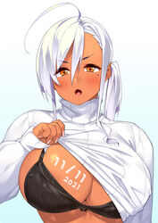  2021 23_(real_xxiii) :o absurdres ahoge bra breasts clothes_lift commentary dark-skinned_female dark_skin dated female hair_between_eyes highres large_breasts lifting_own_clothes long_sleeves looking_at_viewer mole mole_under_eye oerba_yun_fang open_mouth original shirt_lift side_ponytail simple_background skin_fang solo tongue underwear upper_body white_background white_hair 