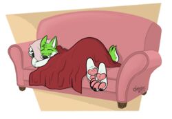  anthro ass_up black_nose brown_background canid canine claws closed_eyes fidget_the_fox fox fur furniture green_body green_fur hi_res hug hugging_object hugging_pillow male mammal pawpads pillow pillow_grab pink_pawpads pink_paws pink_sofa red_blanket signature simple_background sleeping sofa solo strawbear tired white_background white_body white_fur 