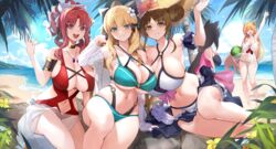  5girls ahoge akino_(princess_connect!) akino_(summer)_(princess_connect!) animal_ear_fluff animal_ears aqua_bikini arm_garter bare_shoulders bikini black_bow black_hair blonde_hair blue_eyes blunt_bangs blush bow braid breasts brown_eyes brown_hair cat_ears cat_girl cat_tail clothing_cutout day double_bun elf flower hair_bun hair_flower hair_ornament hairbow hat highres huge_breasts karyl_(princess_connect!) karyl_(summer)_(princess_connect!) large_breasts layered_bikini long_hair looking_at_viewer low_twintails maid maid_bikini multiple_girls navel navel_cutout o-ring o-ring_bikini o-ring_top one-piece_swimsuit orange_hair outdoors parted_bangs pecorine_(princess_connect!) pecorine_(summer)_(princess_connect!) pointy_ears ponytail princess_connect! purple_eyes red_hair red_one-piece_swimsuit saren_(princess_connect!) saren_(summer)_(princess_connect!) sarong side_braid sidelocks straw_hat suzume_(princess_connect!) suzume_(summer)_(princess_connect!) swimsuit tail thighs twintails unconventional_maid very_long_hair white_bikini white_bow xiujia_yihuizi 