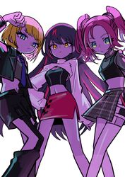  3girls :/ black_jacket black_shirt black_skirt blonde_hair blue_eyes blue_necktie breasts cleavage closed_mouth crop_top cropped_jacket cropped_shirt denonbu grey_skirt highres jacket lico_(denonbu) long_hair long_sleeves looking_at_viewer medium_breasts midriff miniskirt multicolored_hair multiple_girls navel necktie pink_hair pink_skirt plaid plaid_skirt purple_hair ray_(denonbu) shirt short_hair side_slit simple_background skirt standing streaked_hair tsuzutsu twintails very_long_hair white_background yellow_eyes yuna_(denonbu) 