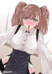  2girls aoba_(kancolle) atlanta_(kancolle) blush breasts brown_hair buttons collared_shirt commentary_request earrings food food_in_mouth garter_straps grey_eyes grey_skirt high-waist_skirt incoming_pocky_kiss jewelry kantai_collection large_breasts long_hair long_sleeves mikage_takashi mouth_hold multiple_girls no_headwear pleated_skirt pocky pocky_day shirt single_earring skirt solo_focus star_(symbol) star_earrings suspender_skirt suspenders twitter_username two_side_up white_shirt 