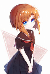  black_sailor_collar black_shirt black_skirt blue_eyes closed_mouth commentary female higurashi_no_naku_koro_ni hiragi_rin necktie orange_hair red_necktie ryuuguu_rena sailor_collar sailor_shirt school_uniform shirt short_sleeves simple_background skirt smile solo v_arms 