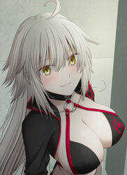  ahoge blush breasts fate/grand_order fate_(series) female hair_between_eyes hasebe_akira highres jacket jeanne_d&#039;arc_alter_(fate) jeanne_d&#039;arc_alter_(swimsuit_berserker)_(fate) long_hair looking_at_viewer open_clothes open_jacket smile swimsuit visible_air yellow_eyes 