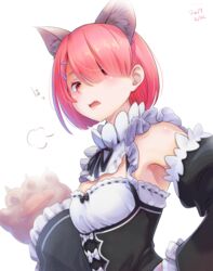  animal_ears animal_hands black_dress breasts cat_day cat_ears dated detached_sleeves dress female frilled_dress frilled_sleeves frills gloves hair_ornament hair_over_one_eye hairclip looking_at_viewer oerba_yun_fang parted_lips paw_gloves pink_hair puff_of_air ram_(re:zero) re:zero_kara_hajimeru_isekai_seikatsu red_eyes roswaal_mansion_maid_uniform short_hair simple_background small_breasts solo tomamatto upper_body white_background 