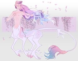  althea_(smooshkin) deer deer_taur edenling edentaur equid equid_taur faun flower hair heterochromia hooves human humanoid_taur hybrid male mammal mammal_taur pink_body pink_hair pink_hooves plant smooshkin solo sparkles taur unitaur wisteria 