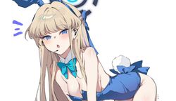  animal_ears bad_id bad_twitter_id blonde_hair blue_archive blue_bow blue_eyes blue_halo blue_leotard blue_ribbon bow bowtie breasts chestnut_mouth detached_collar fake_animal_ears fake_tail female halo highres leotard long_hair looking_at_viewer medium_breasts official_alternate_costume playboy_bunny rabbit_ears rabbit_tail ribbon solo strapless strapless_leotard tail toki_(blue_archive) toki_(bunny)_(blue_archive) youguo_naberu 