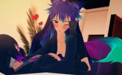  alaine_(nekyia) animal_humanoid blue_hair breasts canid canid_humanoid canine canine_humanoid cuddling duo felid feline female fox_humanoid hair hand_on_breast heart_symbol hotel_room humanoid love mammal mammal_humanoid mask nekyiafox petting_head purple_eyes purple_hair yumiko_(nekyia) 