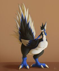  2022 absurd_res avian avian_taur biped biped_taur black_hair blue_body blue_skin chocobo_taur claws digital_media_(artwork) digital_painting_(artwork) feather_hair feathers finger_claws folded_wings green_eyes hair hand_on_face hi_res male male_taur multicolored_body multicolored_feathers neck_tuft nova-drox nude_male nude_taur pseudo_hair shaded shadow signature simple_background small_upper_body soft_shading solo standing tail tail_feathers taur toe_claws tuft wings year zarakon 