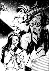  bugu_(g-saviour) english_commentary female finger_to_eyewear glasses greyscale gun gundam gundam_g-saviour highres holding holding_gun holding_weapon jacket kobi_(g-saviour) long_hair mecha mobile_suit monochrome novel_illustration official_art one-eyed protected_link robot scan scared suzuki_masahisa sweatdrop third-party_source weapon 