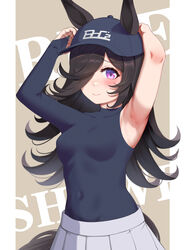  absurdres animal_ears april_fools armpits arms_up baseball_cap black_shirt boc&#039;z_(umamusume) breasts covered_navel enddada female hair_over_one_eye hat highres horse_ears horse_girl horse_tail purple_eyes rice_shower_(umamusume) shirt skirt small_breasts solo tail umamusume 