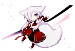  aika_(konshin) animal_ears arm_wrap bare_shoulders chibi female fox_ears fox_tail hair_over_one_eye holding holding_sword holding_weapon konshin leg_wrap looking_at_viewer midriff original petals purple_eyes short_hair_with_long_locks simple_background solo sword tail toeless_legwear weapon white_hair 