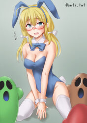  alicesoft alternate_costume animal_ears anti_(untea9) black_leotard blonde_hair blue_eyes blue_leotard bow bowtie breasts cleavage covered_navel detached_collar embarrassed fake_animal_ears female glasses gradient_background green_background hair_between_eyes hanny high_heels highres i-8_(kancolle) kantai_collection large_breasts leotard looking_at_viewer low_twintails playboy_bunny rabbit_ears rabbit_tail red-framed_eyewear solo strapless strapless_leotard tail thighhighs traditional_bowtie twintails twitter_username white_thighhighs wrist_cuffs 