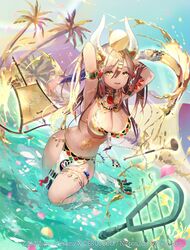  armlet armpits arms_behind_head arms_up bare_shoulders bikini breasts brown_hair cleavage collar day egyptian female gold hair_between_eyes hair_ornament headdress highres horns jewelry large_breasts long_hair looking_at_viewer mole mole_on_breast natsuiro_xx navel oasis official_art open_mouth outdoors pelvic_curtain shoulder_tattoo smile solo spaghetti_strap stomach stomach_tattoo swimsuit tattoo thighlet thighs wading water wet white_bikini yellow_eyes z/x 