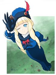  acorn black_footwear black_gloves blonde_hair blue_dress blue_eyes boots bow breasts brooch cosplay dianna_soreil dress drill_hair feathers female frills gloves gundam hat hat_feather jewelry kihel_heim large_breasts mitsutsu322 one_eye_closed red_bow smile solo turn_a_gundam 