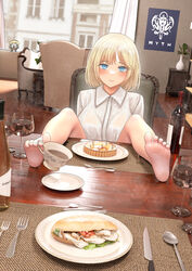  3d_background absurdres alcohol andy2465 barefoot blonde_hair blue_eyes blush bottle breasts chair chibi closed_mouth commentary cup curtains dress_shirt drinking_glass feet feet_on_table female food foot_focus foreshortening fork highres holding_with_feet hololive hololive_english holomyth indoors knife large_breasts logo looking_at_viewer medium_hair pie placemat plant plate poster_(object) pov_across_table rug sandwich saucer shirt short_hair sitting smile smol_ame soles solo spoon stargazy_pie table tea teacup toes vase virtual_youtuber watson_amelia white_shirt window wine wine_bottle wine_glass wooden_floor wooden_table 