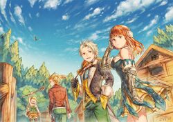  2boys 2girls bird blonde_hair breasts closed_mouth cloud commentary cotelier gustaf long_hair multiple_boys multiple_girls open_mouth outdoors primiera_(saga) protected_link red_hair roberto_(saga) saga saga_frontier_2 smile symbol-only_commentary tree virginia_knights 